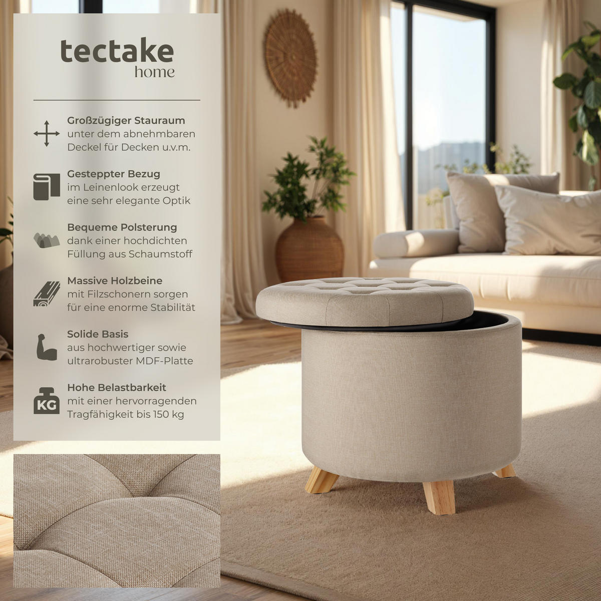 SITZHOCKER mit Stauraum Suna,44,5 x 41,5 cm,Sand - Sandfarben, Holz (44.5/41.5/44.5cm) - tectake