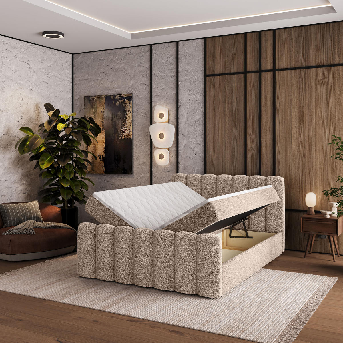 BOXBETT CELLA 160x200 cm mit Matratze und Topper - Beige - Beige, Holz (160/200cm) - MASSENO