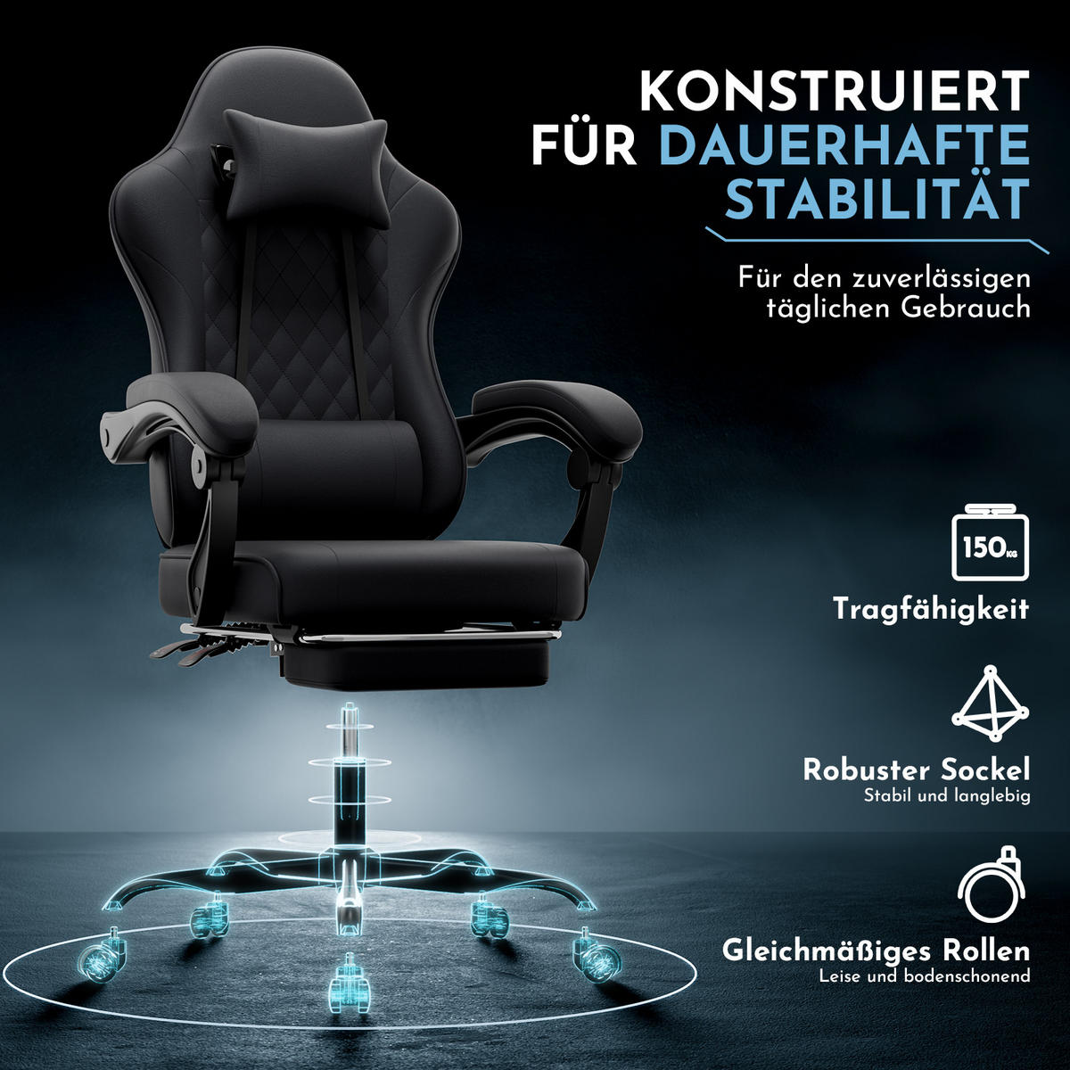 GAMINGSTUHL DE-40998 mit Lordosenstütze und Fußstütze Schwarz - Schwarz, Metall (58.5/120.5/63cm) - ComfortXL
