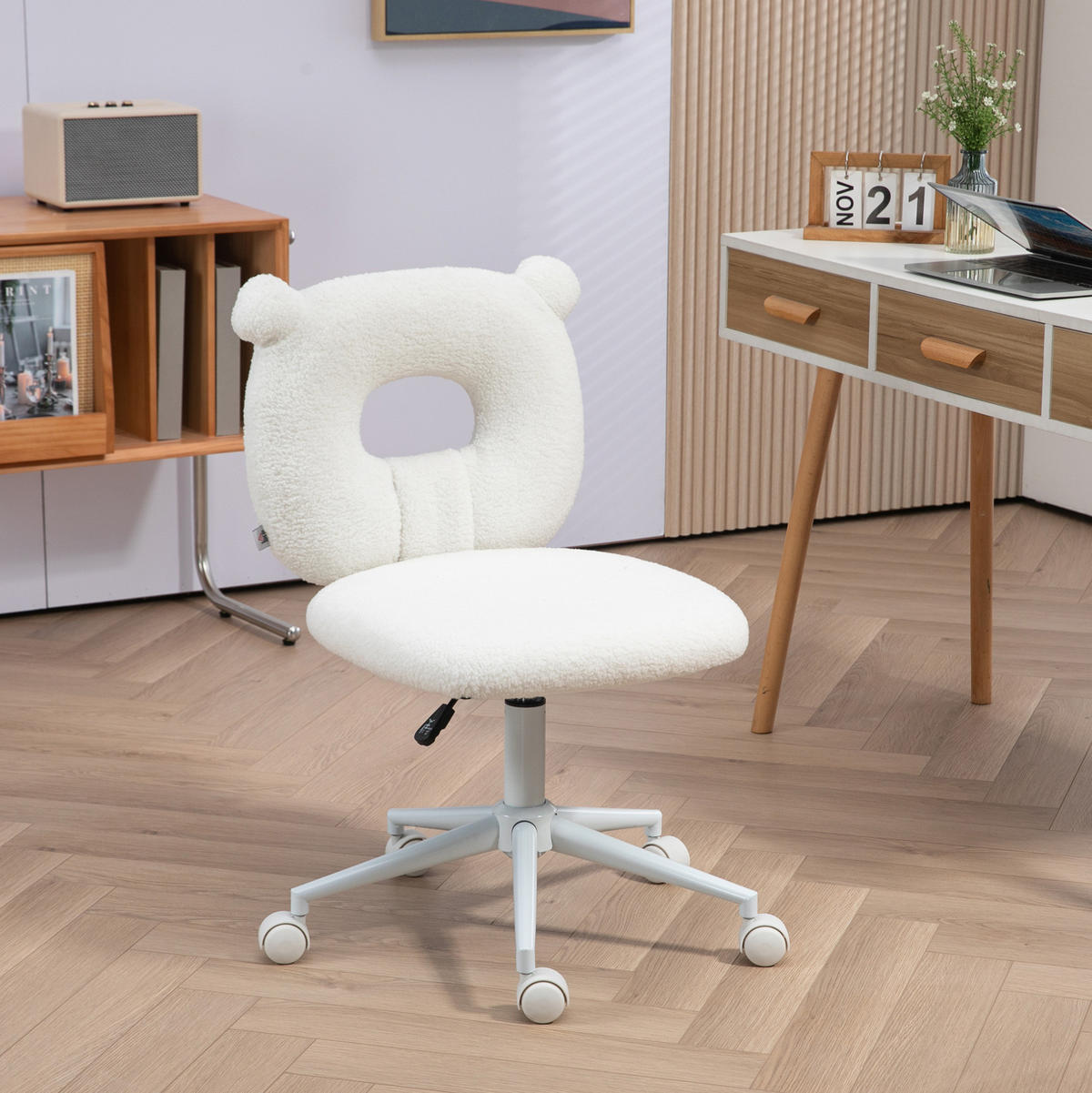 BÜROSTUHL höhenverstellbar 50 x 56 x 80-90 cm Teddy-Optik White - Weiß, Kunststoff (56/90/50cm) - Meubliv