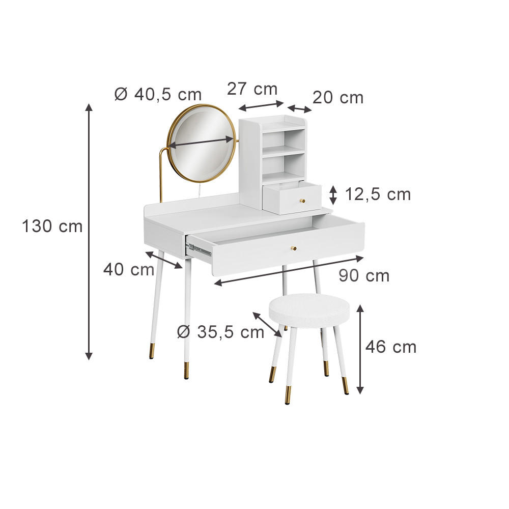 SCHMINKTISCH Mirela Weiß 90 cm mit LED-Spiegel und Hocker - Weiß, Holzwerkstoff (90/130/40cm) - Vicco