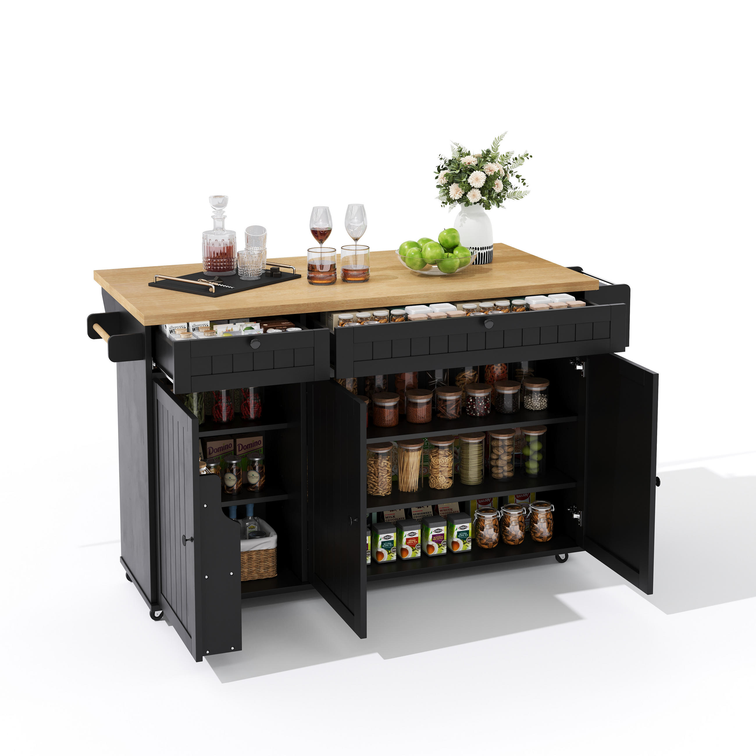 KÜCHENINSEL mit Rollen Schwarz mit Klappplatte, 2 Schubladen, Schrank und Türregal - Schwarz, Holz/Holzwerkstoff (137/89.5/70cm) - Oxeza
