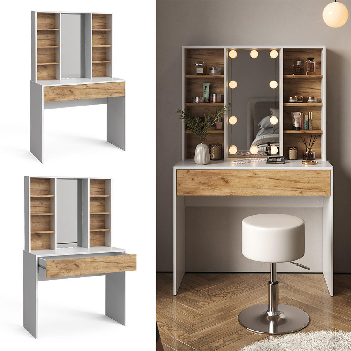 SCHMINKTISCH Alexa Goldkraft Eiche/Weiß 93 cm mit Spiegel - Honigeiche/Weiß, Holzwerkstoff (93/147/40cm) - Vicco