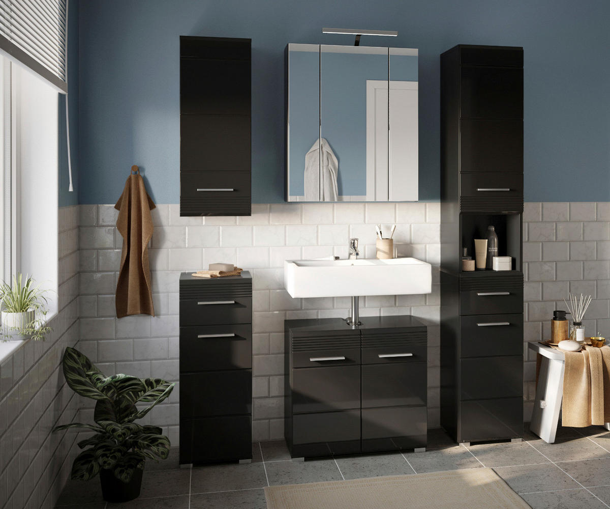 BADMÖBEL-SET in schwarz Hochglanz, 5-teilig 150 cm, Badkombination - Schwarz, Glas/Holzwerkstoff (150/182/34cm) - Inn.Furn