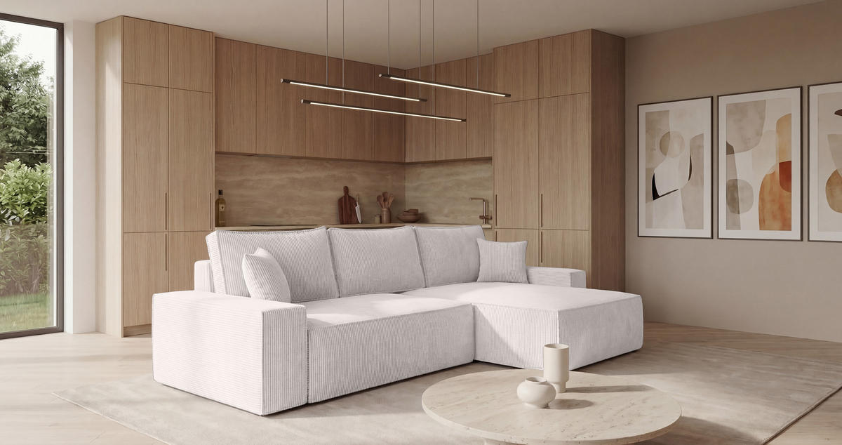 ECKSOFA California mit Schlaffunktion Vanille Rechts - Weiß, Textil (280/184cm) - Cornero