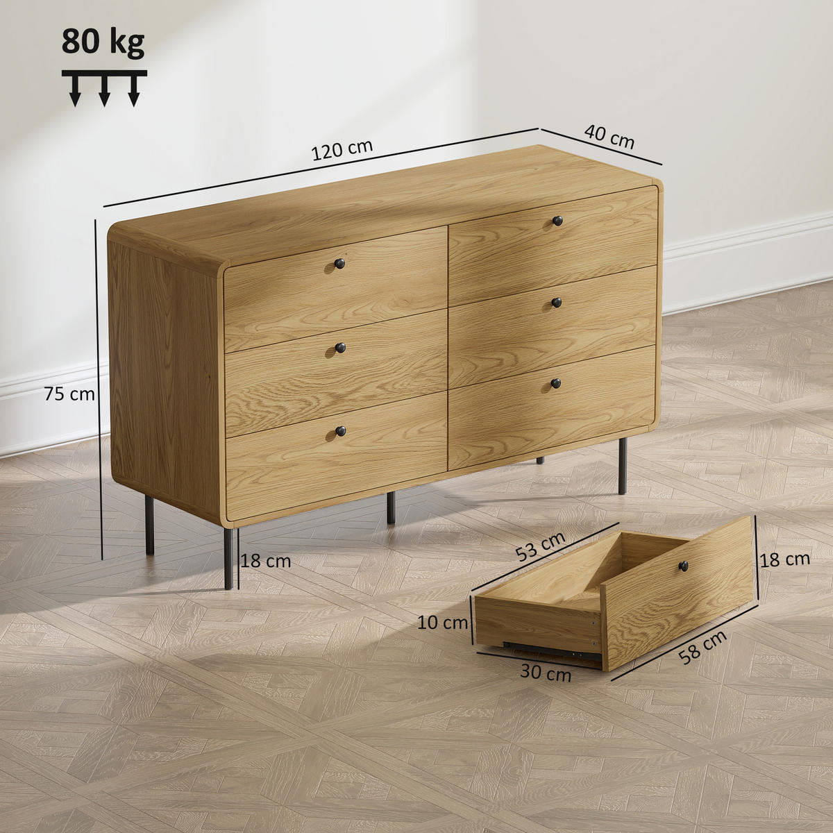 KOMMODE Eichenfarben und Schwarz 120/40/75 cm - Eichefarben, Holzwerkstoff (120/75/40cm) - PANGIVO