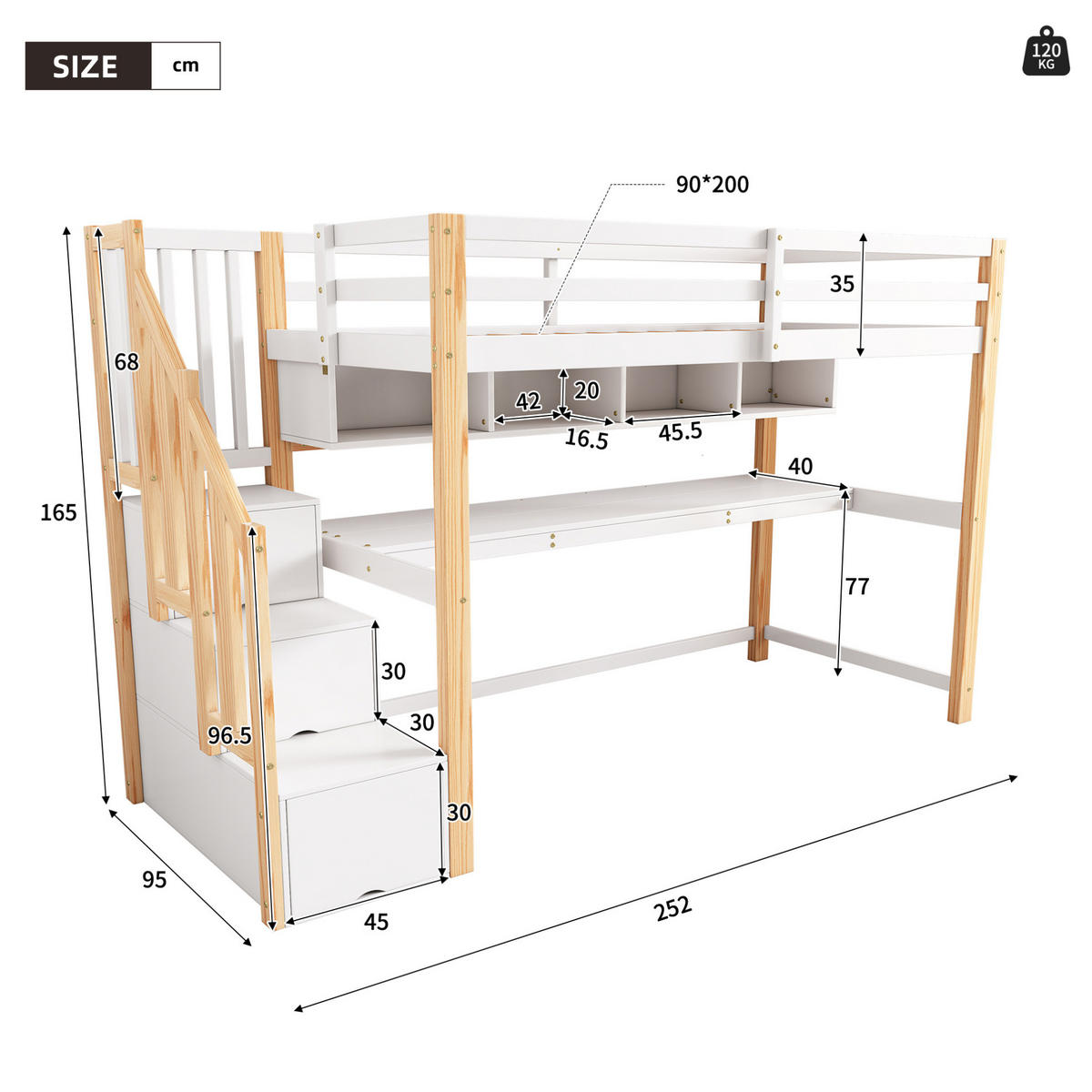 HOCHBETT 90/200 cm weiß/eiche aus Massivholz und MDF mit Schreibtisch und Treppe - Weiß, Holzwerkstoff (90/200cm) - OKWISH