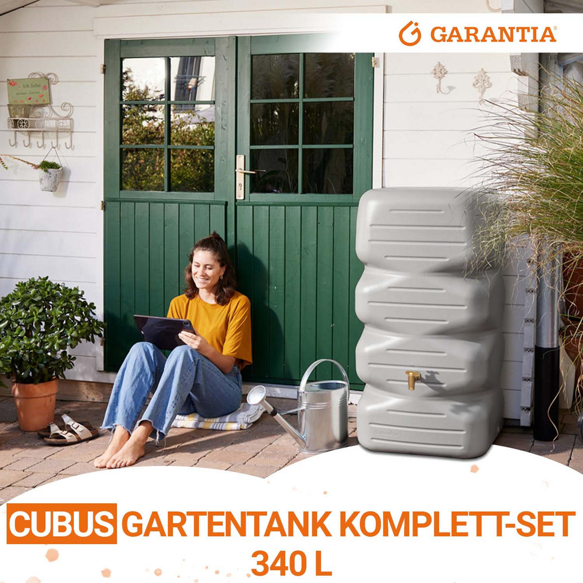 GARTENTANK Komplett-Set 340 L, betongrau inkl. Kunststoff-Auslaufhahn und Fallrohranschluss - Grau, Kunststoff (59/112/59cm) - GARANTIA