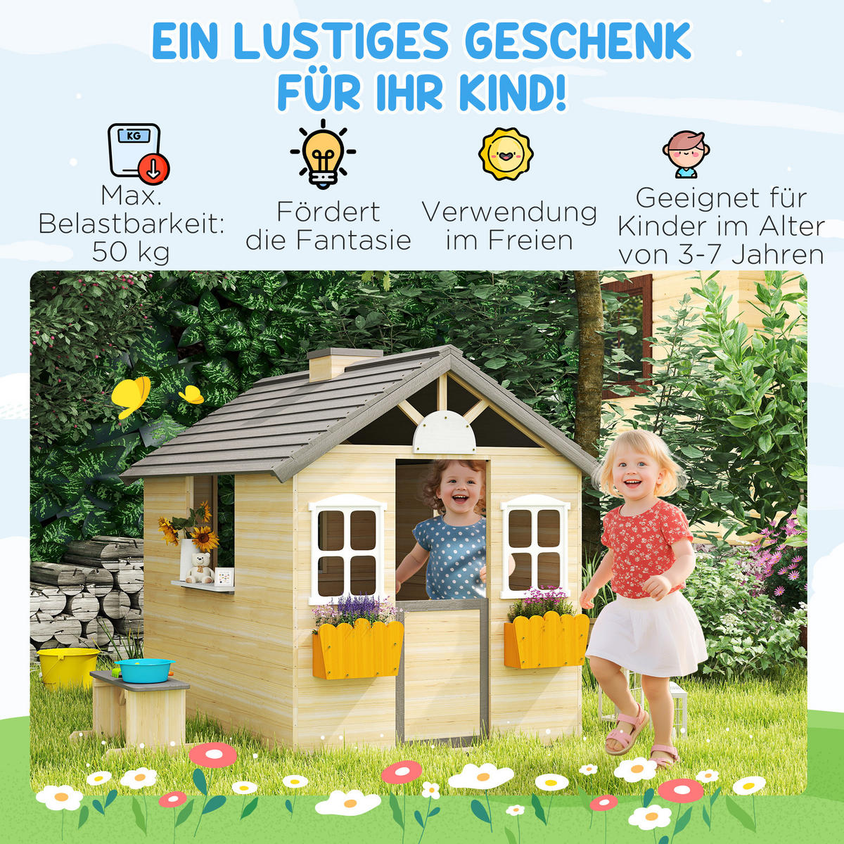 SPIELHAUS für Kinder Holz Kinderspielhaus mit Fenster Briefkasten Holzspielhaus - Naturfarben, Holz (94/134.5/113cm) - Outsunny
