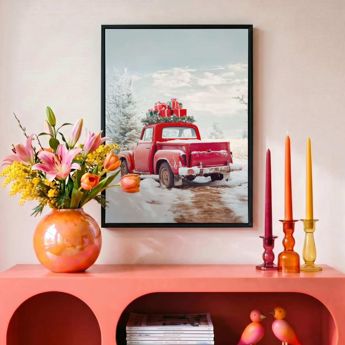LEINWAND Bilder mit Rahmen - Auto - Rot - Geschenke - Winter - Schnee - Weihnachten - 30x40 - Rot, Textil (30/40cm) - MuchoWow