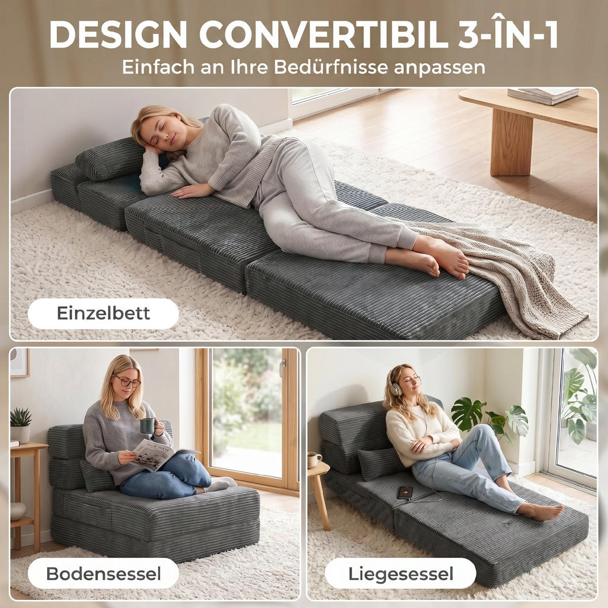 BODENSTUHL Polyester Dunkelgrau - Dunkelgrau, Textil (70/12.5/200cm) - HOMCOM