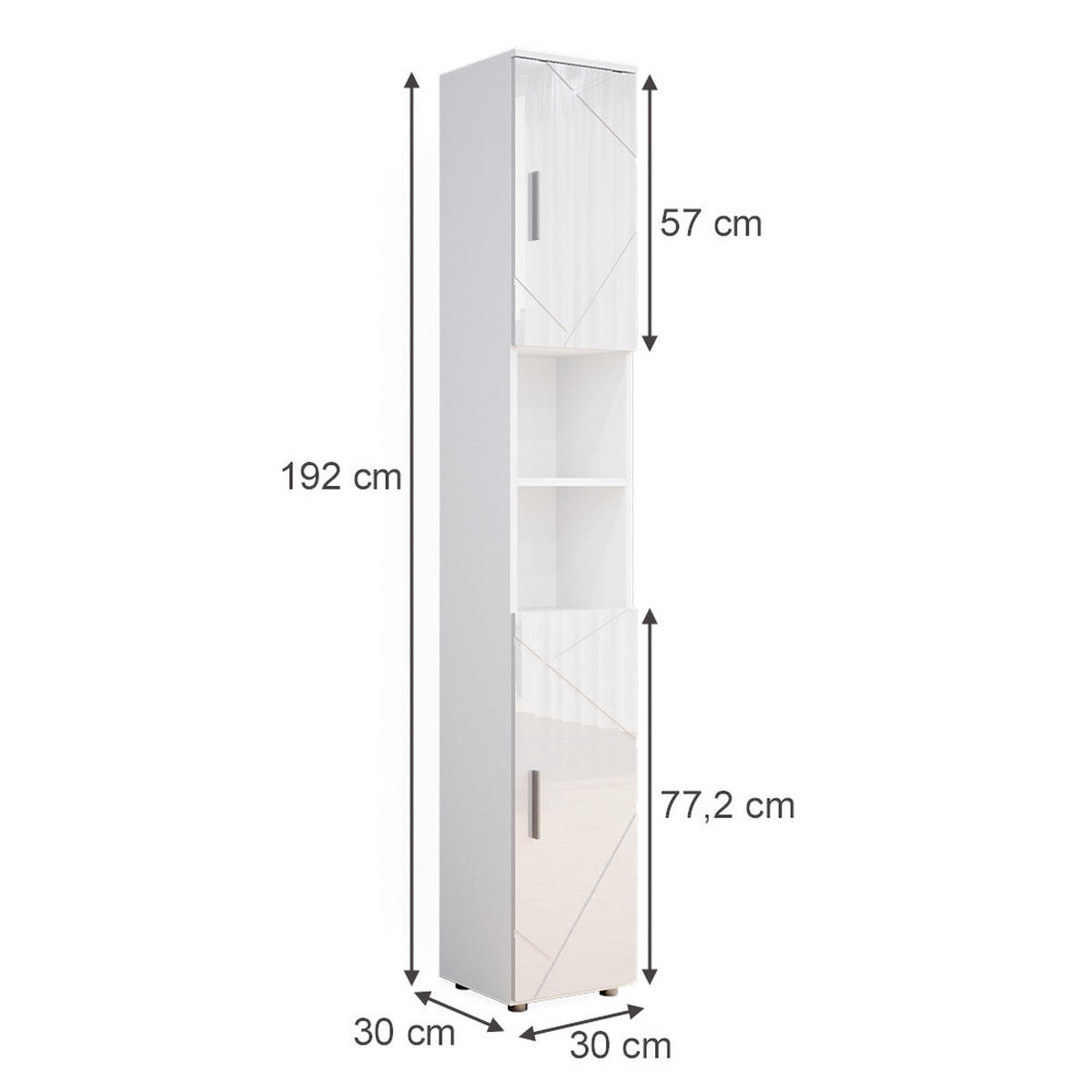 BADSCHRANK Irma Weiß Hochglanz 30 x 192 cm - Weiß Hochglanz, Holzwerkstoff (30/192/30cm) - Vicco