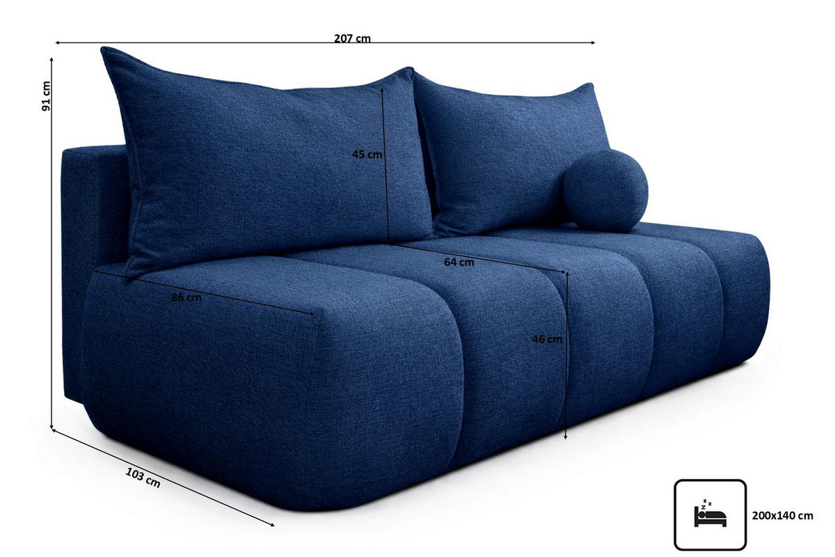 SOFA Mit Schlaffunktion Und Bettkasten, Veloursstoff Monolith, Dunkelblau, PIANO - Dunkelblau, Holz (207/91/103cm) - Kaiser Möbel