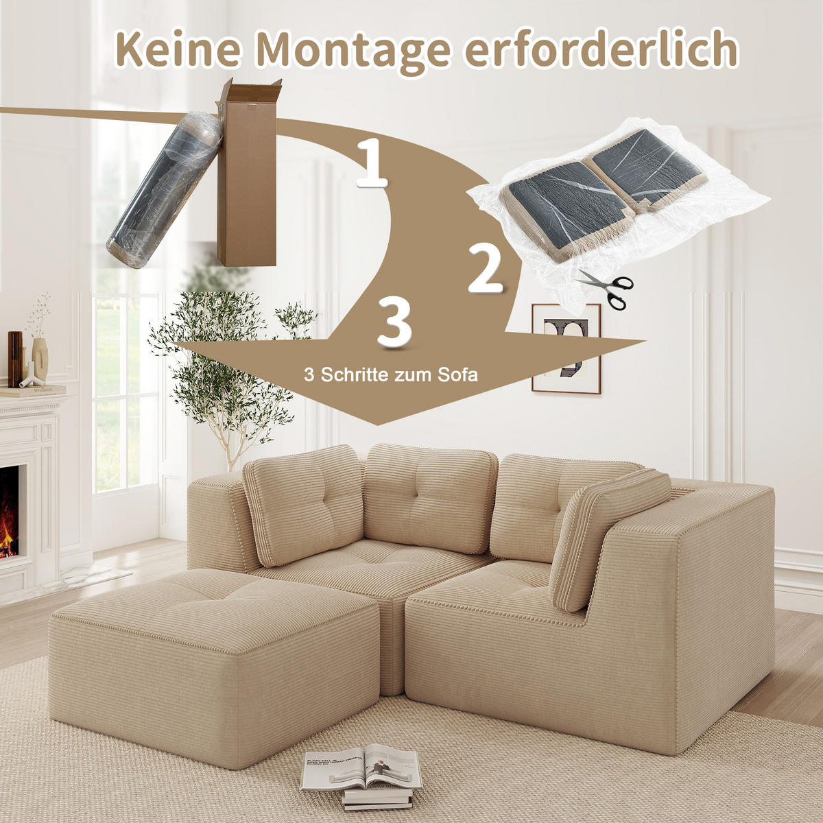 2-SITZER mit beweglicher Fußstütze und Cordstoff - Beige, Textil (208/69/177cm) - EVRYAE