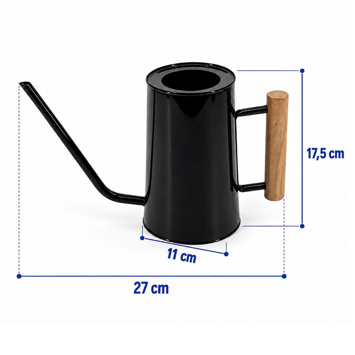 GIESSKANNE Schwarz Metall Holzgriff 1 l - Schwarz, Holz/Metall (11/17.5/27cm) - Relaxdays