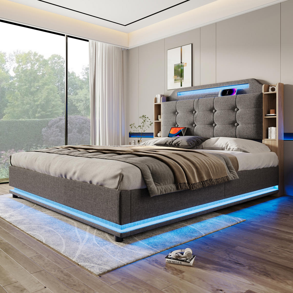 POLSTERBETT 140/200 cm grau mit LED-Beleuchtung und hydraulischem Stauraum - Grau, Textil (140/200cm) - OKWISH