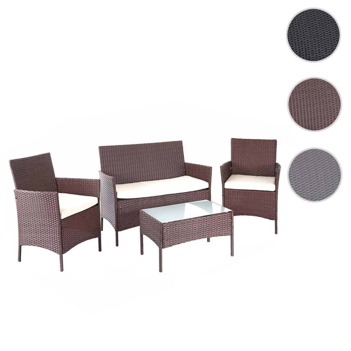 GARTEN-GARNITUR Polyrattan Braun-Meliert Kissen Creme - Braun, Metall - PROREGAL
