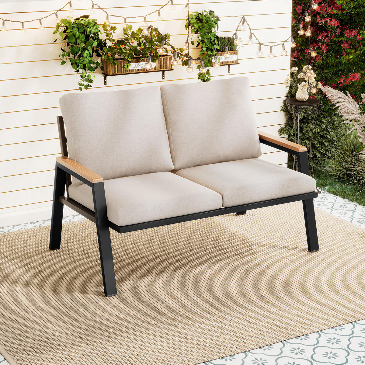 GARTENMÖBEL-SET 2-Sitzer Outdoorsofa Stahl WPC Armlehnen Graubeige - Grau, Textil (76/84/121cm) - FLIEKS