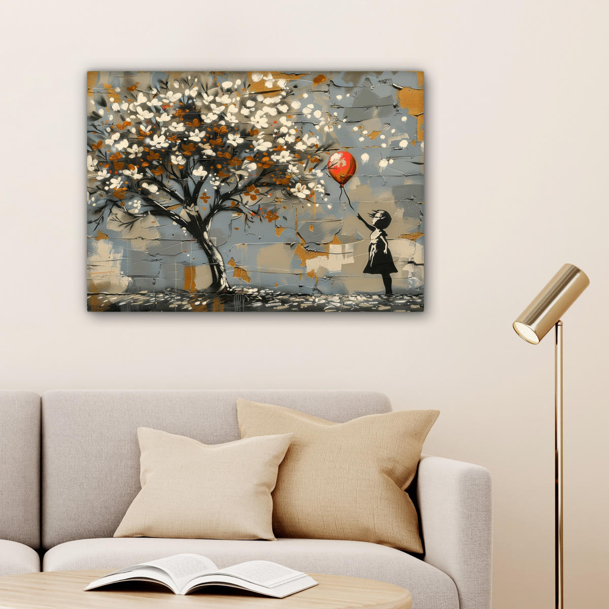 LEINWANDBILD Baum - Graffiti - Banksy-Stil - Ballon-Mädchen Wandbilder 80x60 cm - Blaugrau, Textil (80/60cm) - MuchoWow