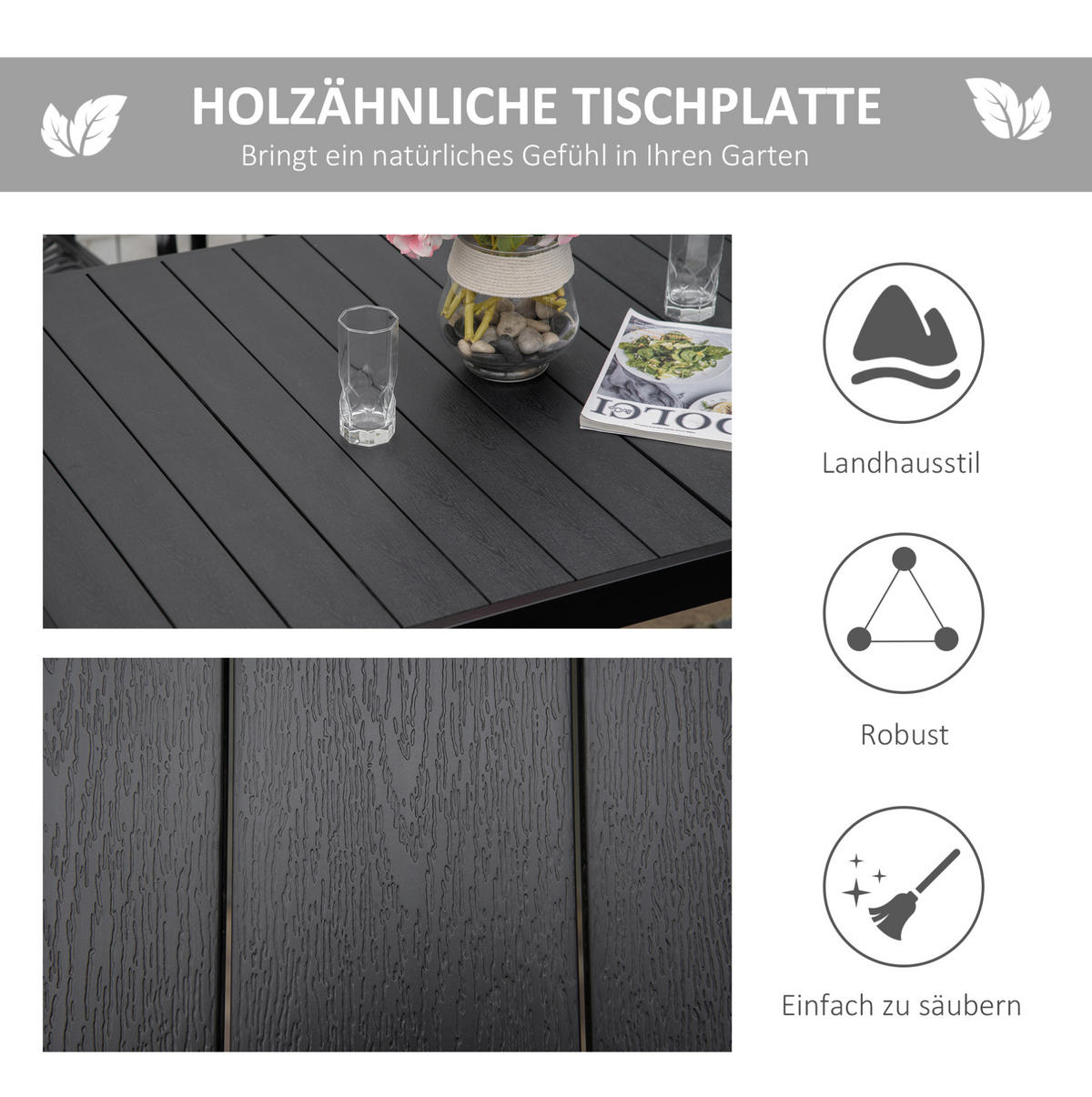 GARTENTISCH aus Aluminium 140x90x74 cm Schwarz mit Tischplatte in Holzoptik und verstellbaren Fußpolstern - Schwarz, Metall (140/90/74cm) - Modfu