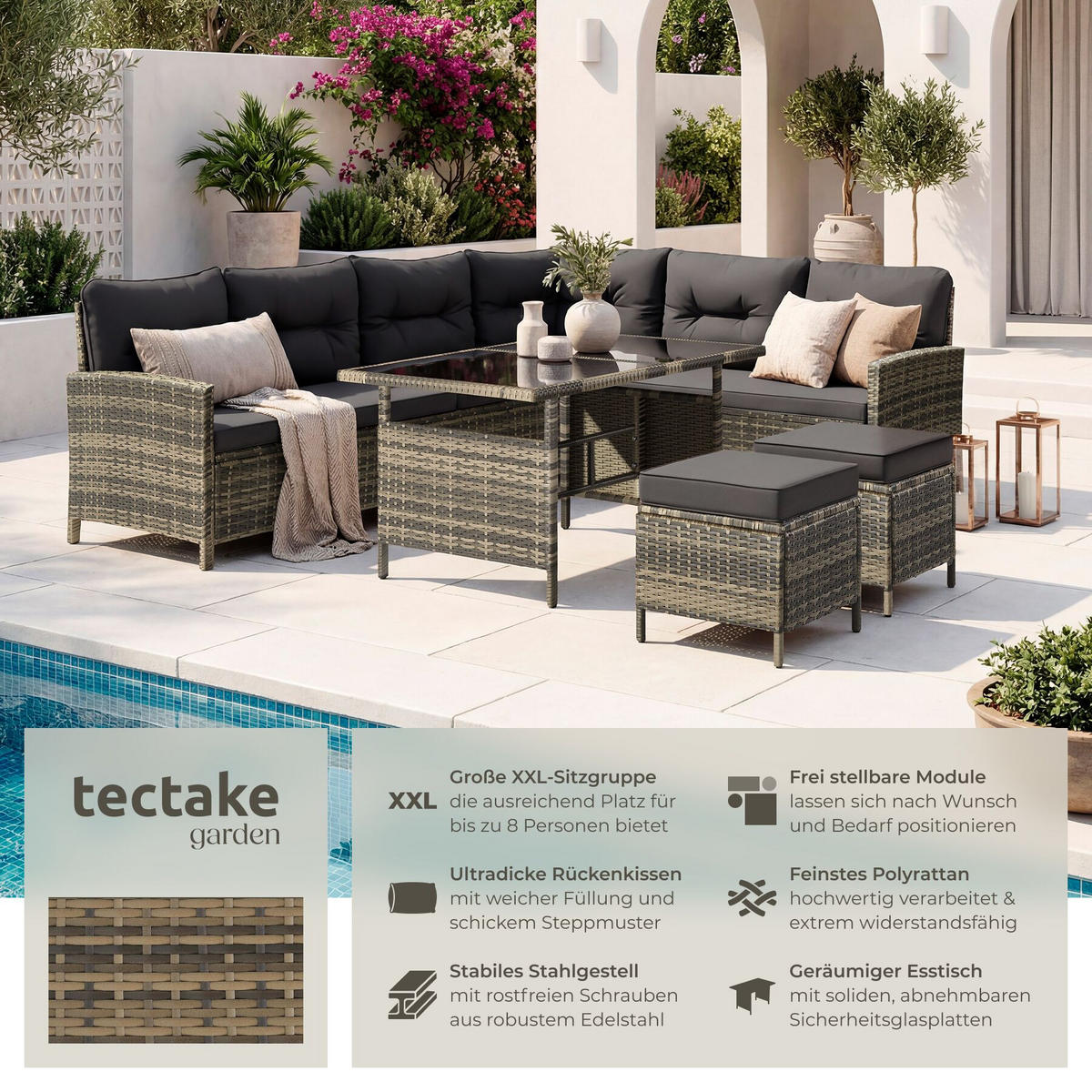 RATTANLOUNGE Barletta, mit Sicherheitsglasplatten, natur - Naturfarben, Kunststoff - tectake