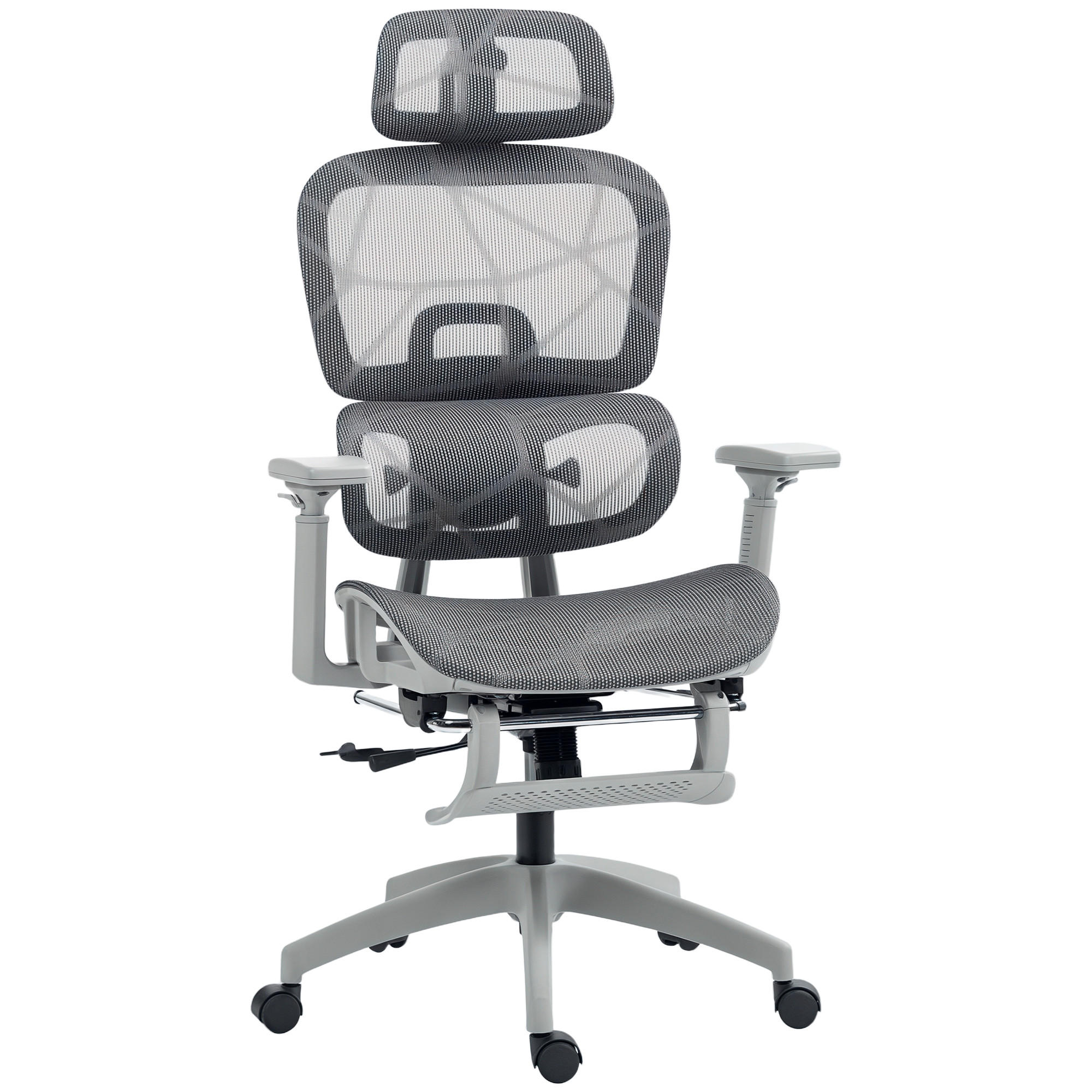 BÜROSTUHL Schreibtischstuhl mit Armlehne Kopfstütze Lendenwirbelstütze Grau - Grau, Kunststoff/Textil (64/122/66cm) - HOMCOM