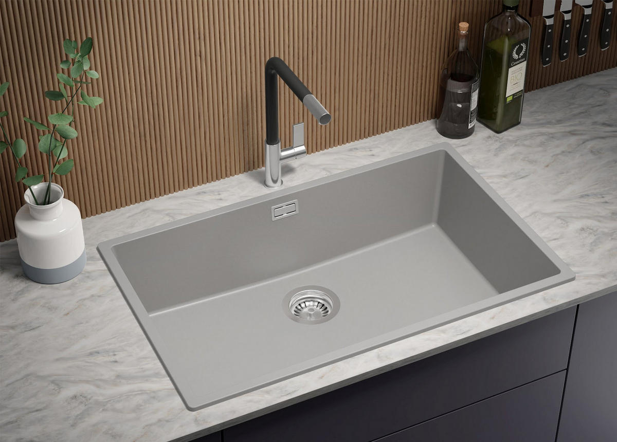 GRANITSPÜLE London Slim, 2-er set Grau 76/47 cm 1 Becken + Küchenarmatur 38/14 cm + Ablauf-Set ab 80er Unterschrank - Chromfarben/Grau, Kunststoff (76/20/47cm) - Primagran