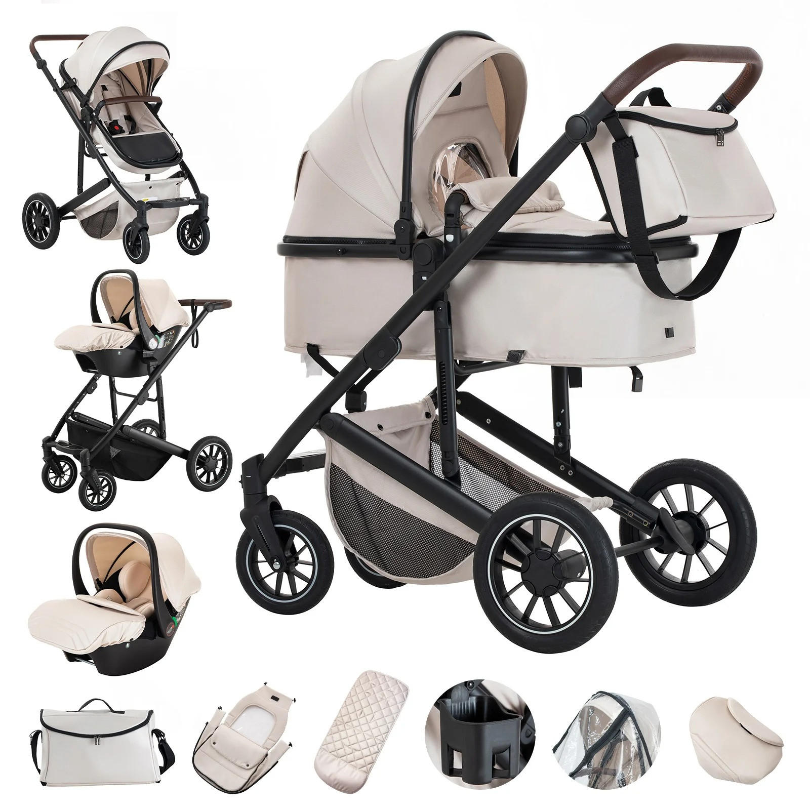 KINDERWAGENSET 3-in-1, tragbar, Aluminiumrahmen, 516-Beige - Beige, Metall (80/60cm) - Kaket