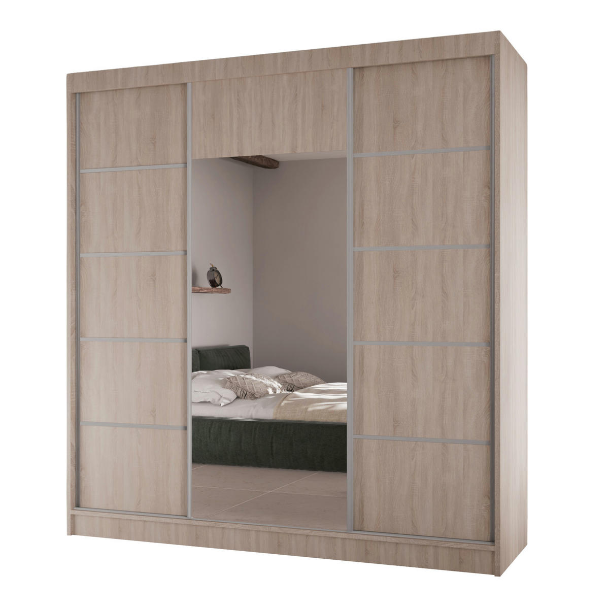 SCHWEBETÜRENSCHRANK Moni mit Spiegel und Zierleisten, 215x200x61cm, eiche Sonoma+Silber - Silberfarben/Sonoma Eiche, Holzwerkstoff (200/215/61cm) - AN-Moebel 4u