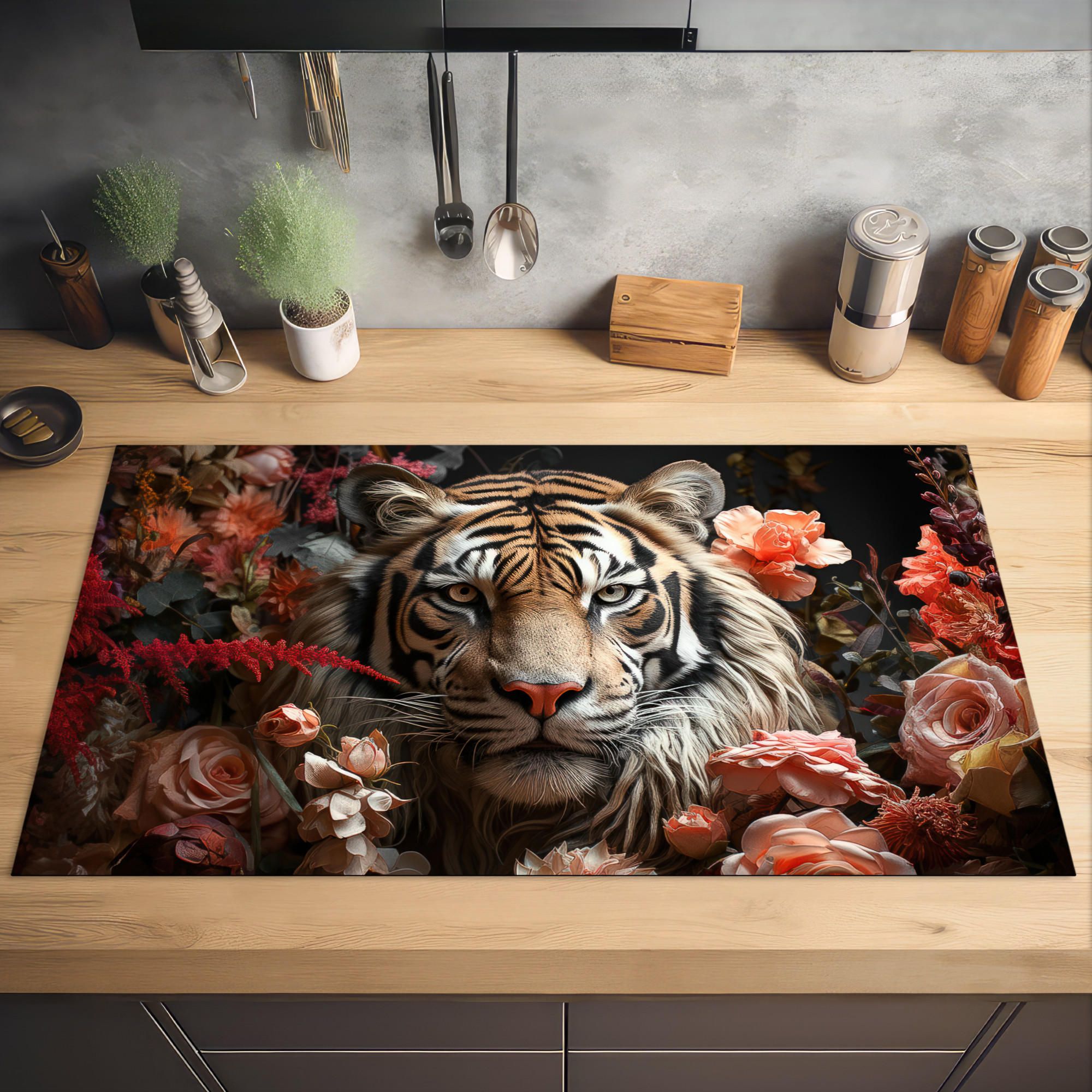 HERDABDECKPLATTE Tiger - Tier - Natur - Floral - Botanisch 91x52 cm - Orange, Kunststoff (91.2/0.2/52cm) - MuchoWow
