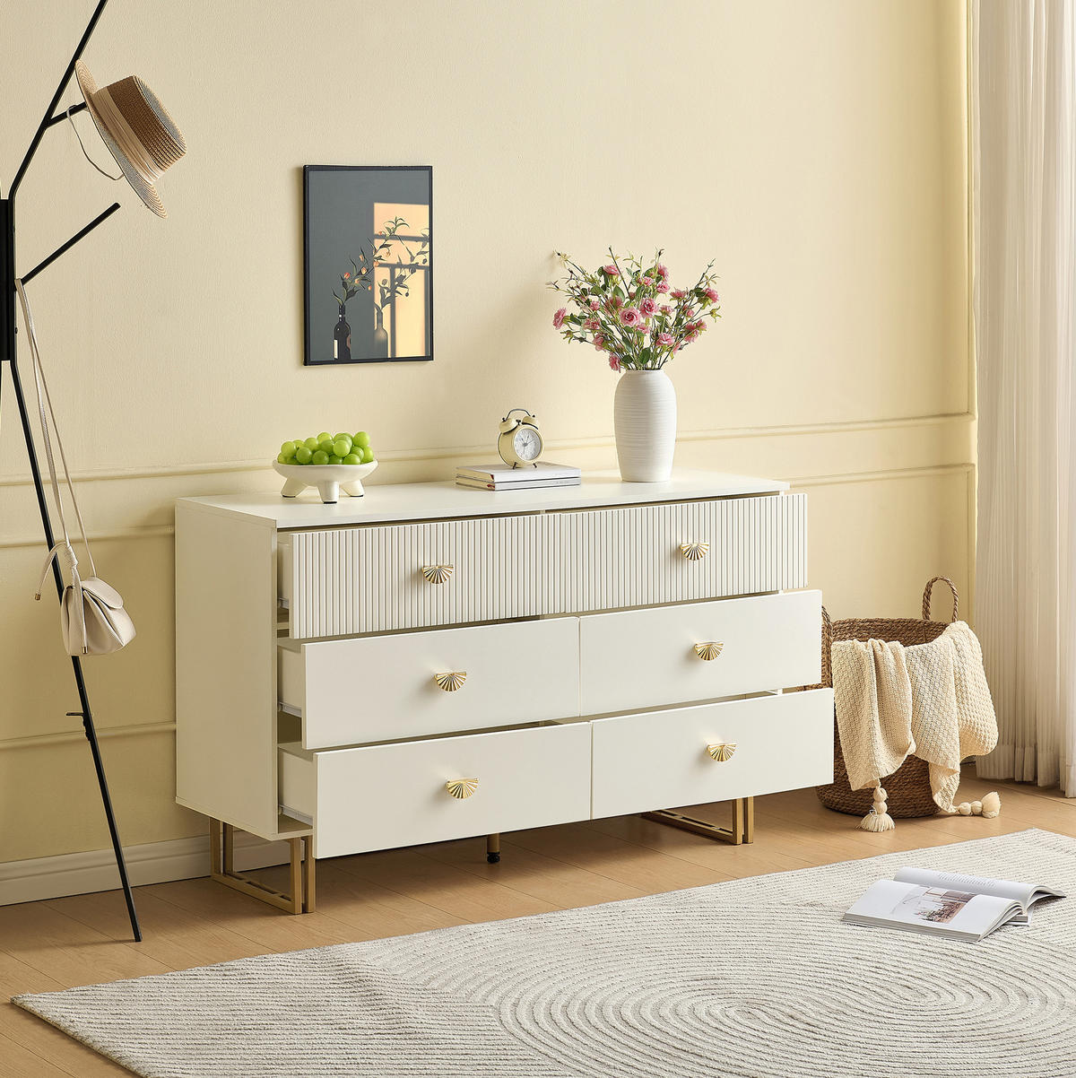 SIDEBOARD 120/40/75 cm mit 6 Schubladen in Weiß und goldfarbenen Griffen - Weiß, Holzwerkstoff (120/75/40cm) - BEAOK