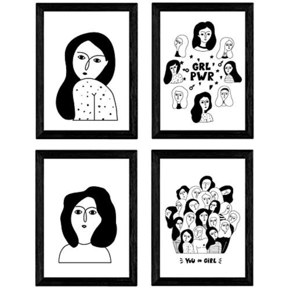 POSTER Set mit 4 Vier Collage Frauen Zeichnungen von Frauen A3 Schwarzer Rahmen - Schwarz, Papier (29.7/3cm) - Nacnic