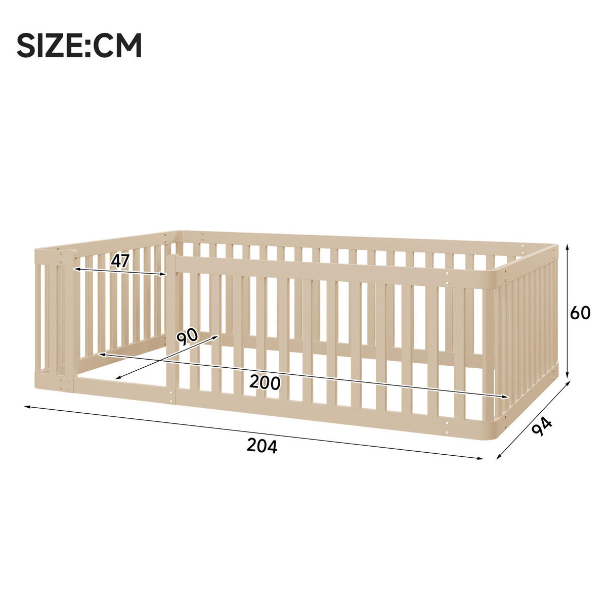 BODENBETT 90/200 cm DE-03458, mit Zaun, in Natur - Creme, Holz (90/200cm) - ComfortXL