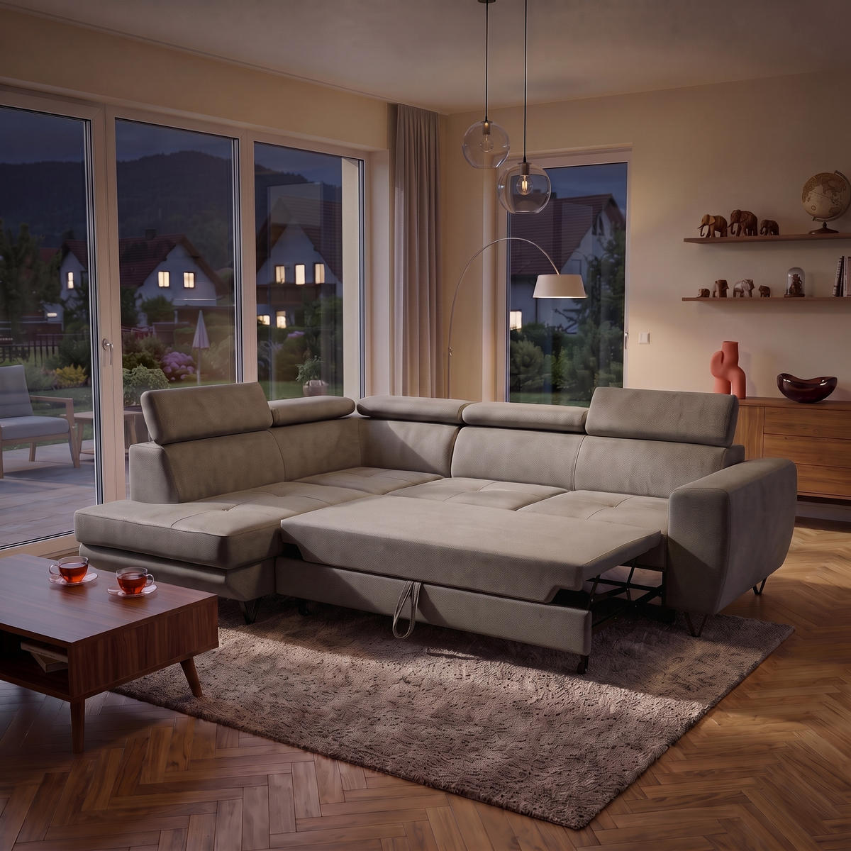 ECKSOFA JUNIOR L Links mit Schlaffunktion 194x128 Velours Beige - Beige/Schwarz, Holz/Textil (249/184cm) - Muffo