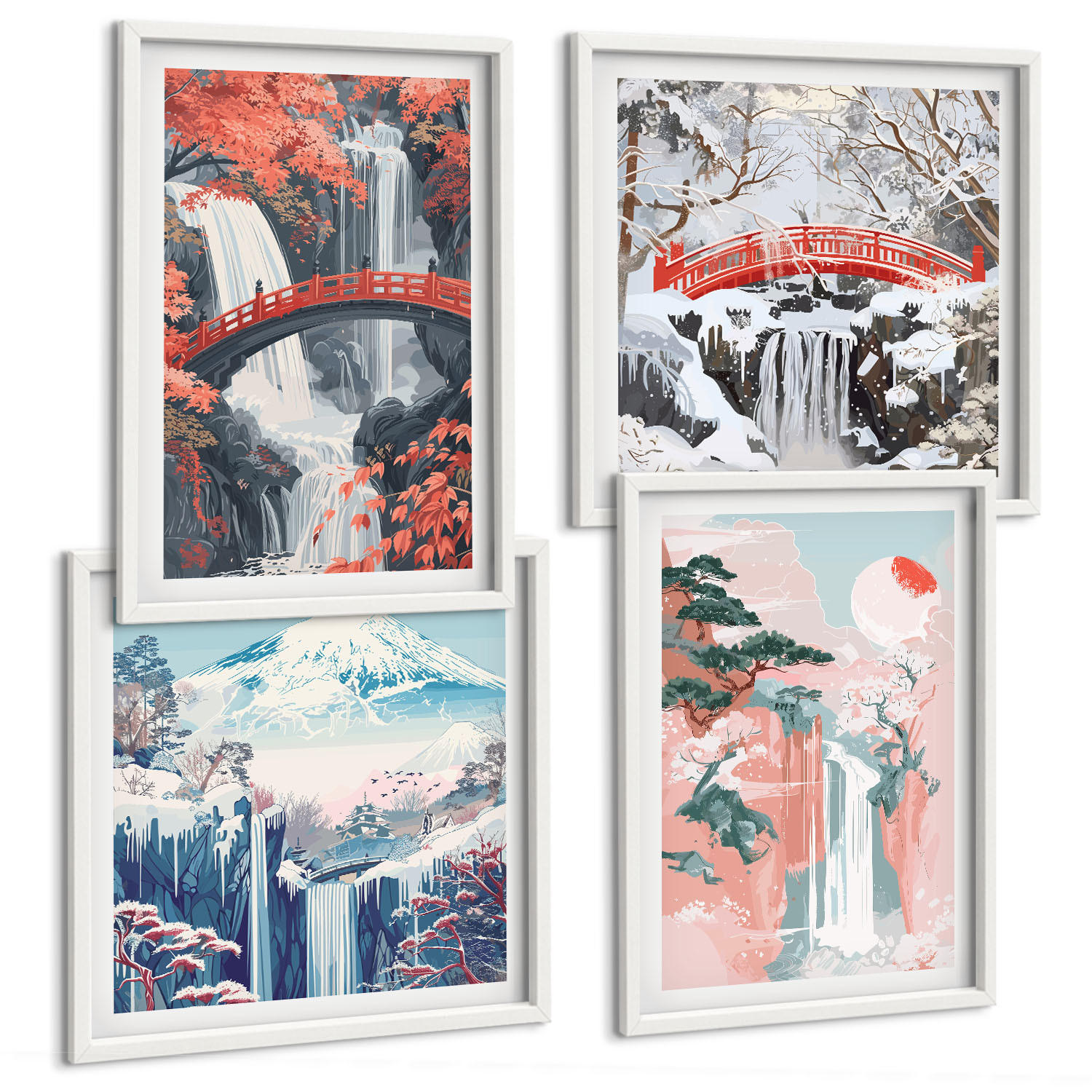BILDER SET 4er Set - 50x50 cm & 40x60 cm Weißer Rahmen - Wasserfälle, Brücken, Bäume, Jahreszeiten - Weiß, Kunststoff (50/50cm) - TULUP