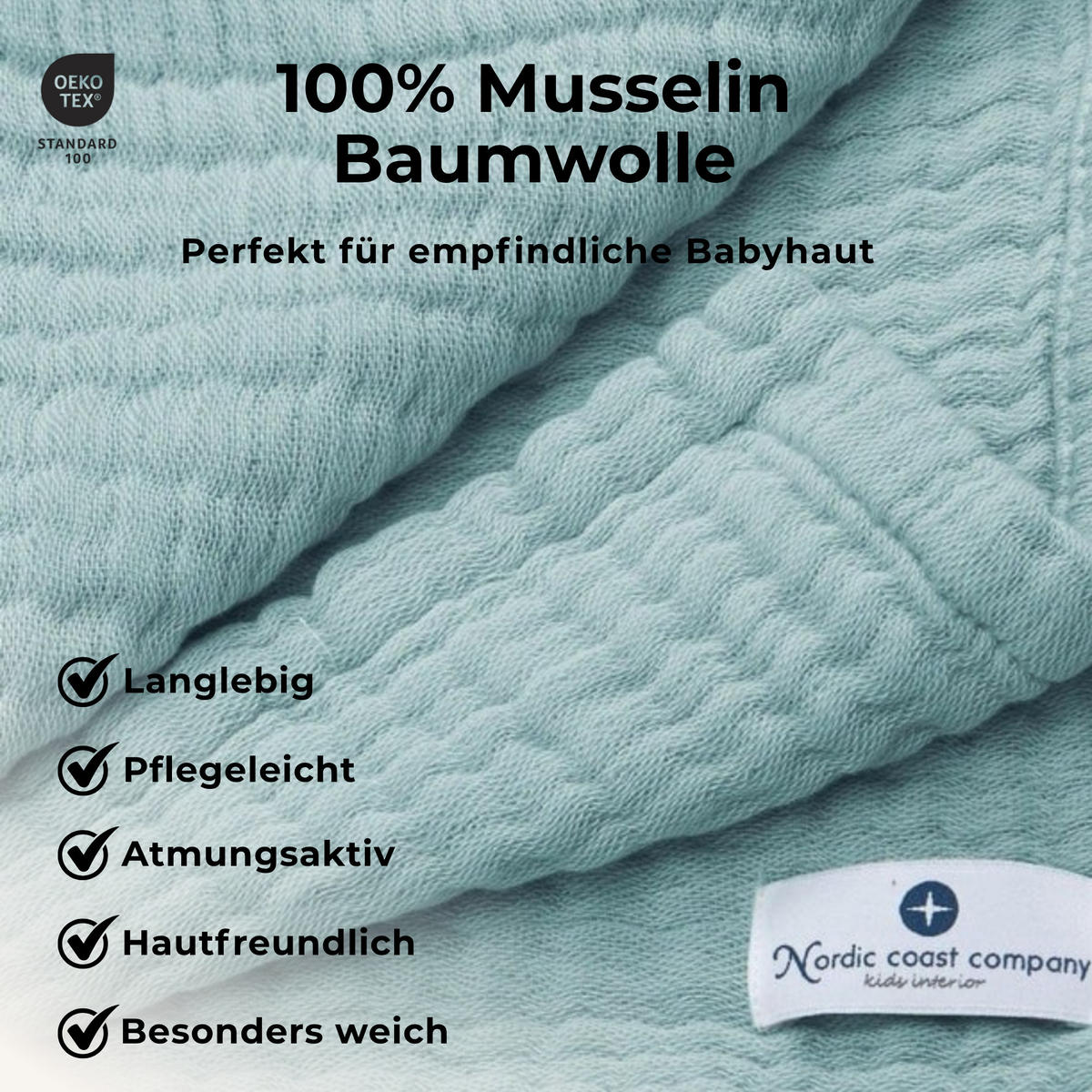 MUSSELINDECKE Babydecke Stilltuch Einschlagdecke Säuglingsdecke Mulltuch ab Geburt - Petrol, Textil (80/80cm) - nordic coast company