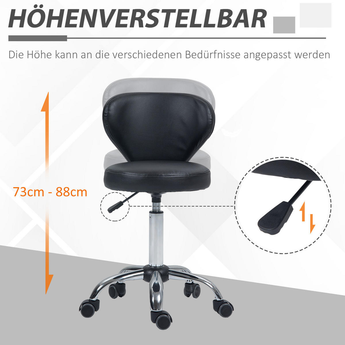 ROLLHOCKER Höhenverstellbar Schwarz 54.0/45.0/88.0 cm - Schwarz, Leder (45/88/54cm)