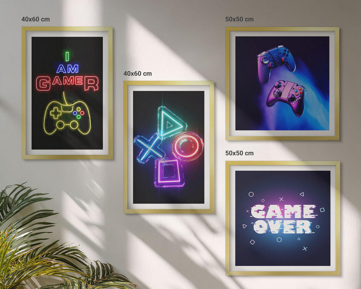 BILDER SET 4er Set - 50x50 cm & 40x60 cm Goldrahmen - Gamepads, Spielersymbol-Untertitel - Goldfarben, Kunststoff (50/50cm) - TULUP