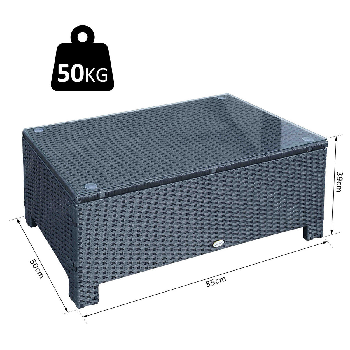 GARTENBEISTELLTISCH DE-13553 mit Geflecht und Glasplatte Schwarz - Schwarz, Metall (85/50/39cm) - ComfortXL