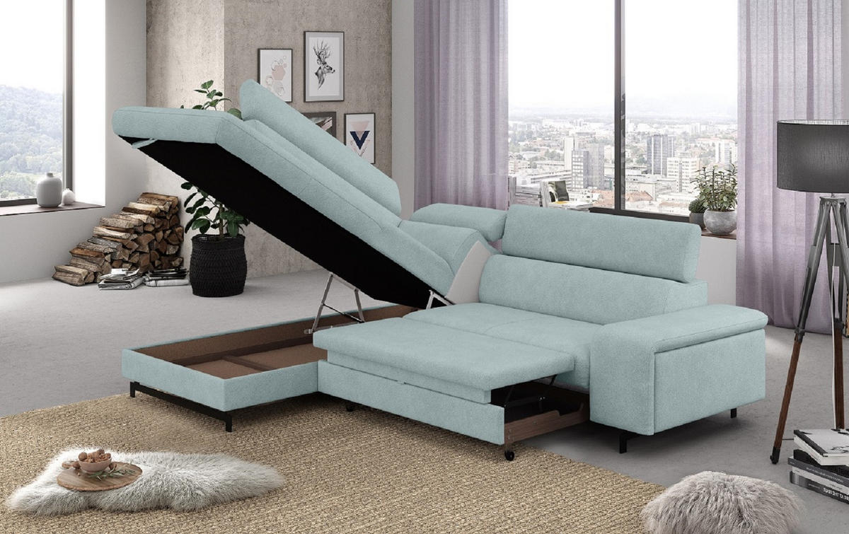 ECKSOFA mit Schlaffunktion und Bettkasten - Türkis/Schwarz, Kunststoff/Textil (262/215cm) - Cotta