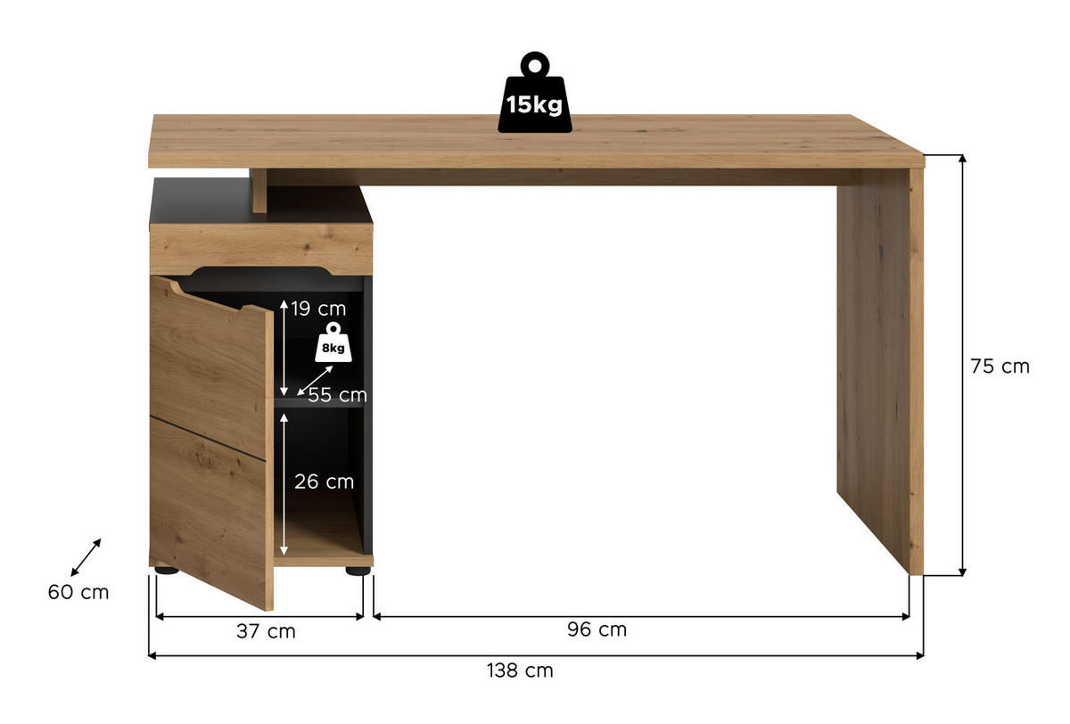 SCHREIBTISCH Nova (B/H/T: ca. 140/75/60 cm) in Basalt grau/Artisan Nachbildung - Grau, Holzwerkstoff (60/140/75cm)