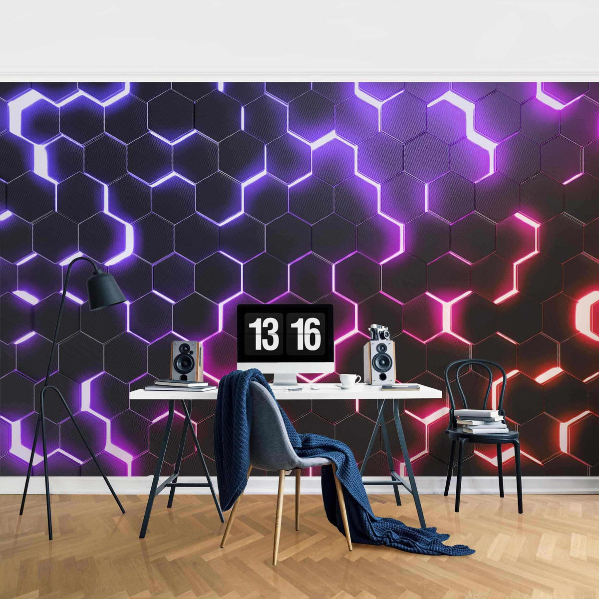 FOTOTAPETE Strukturierte Hexagone mit Neonlicht in Rosa und Lila 432/290 cm - Schwarz, Papier (432/290cm) - Bilderwelten
