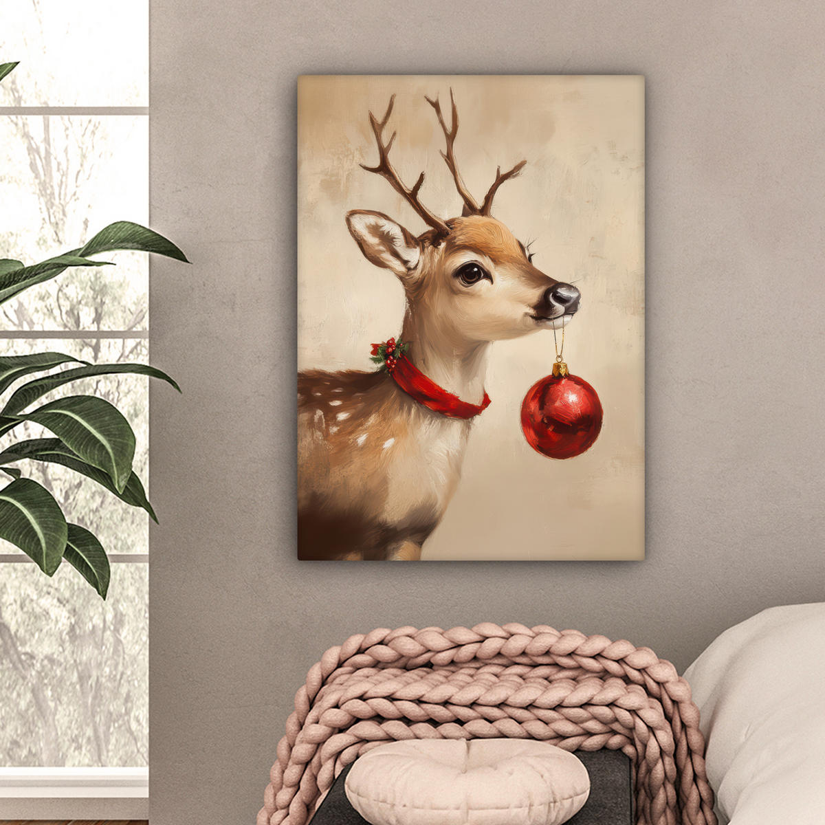 LEINWANDBILD Weihnachten - Hirsch - Geweih - Weihnachtskugel - Rentier 60x80 cm - Hellbraun, Textil (60/80cm) - MuchoWow