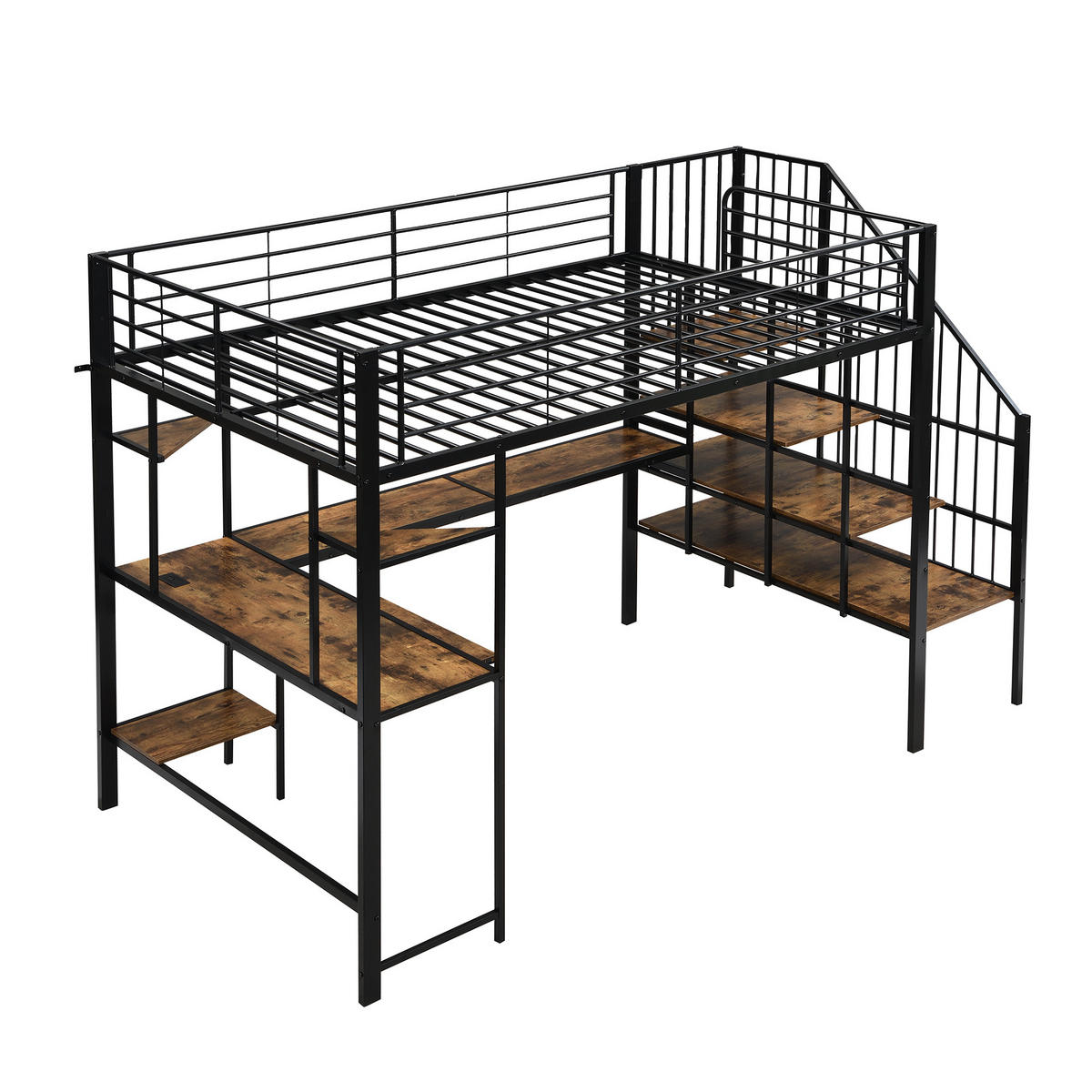 HOCHBETT mit Ecktreppe und Schreibtisch 120x200 cm Metall/Holz Schwarz/Dunkelwalnuss - Schwarz, Metall (120/200cm) - Meubliv