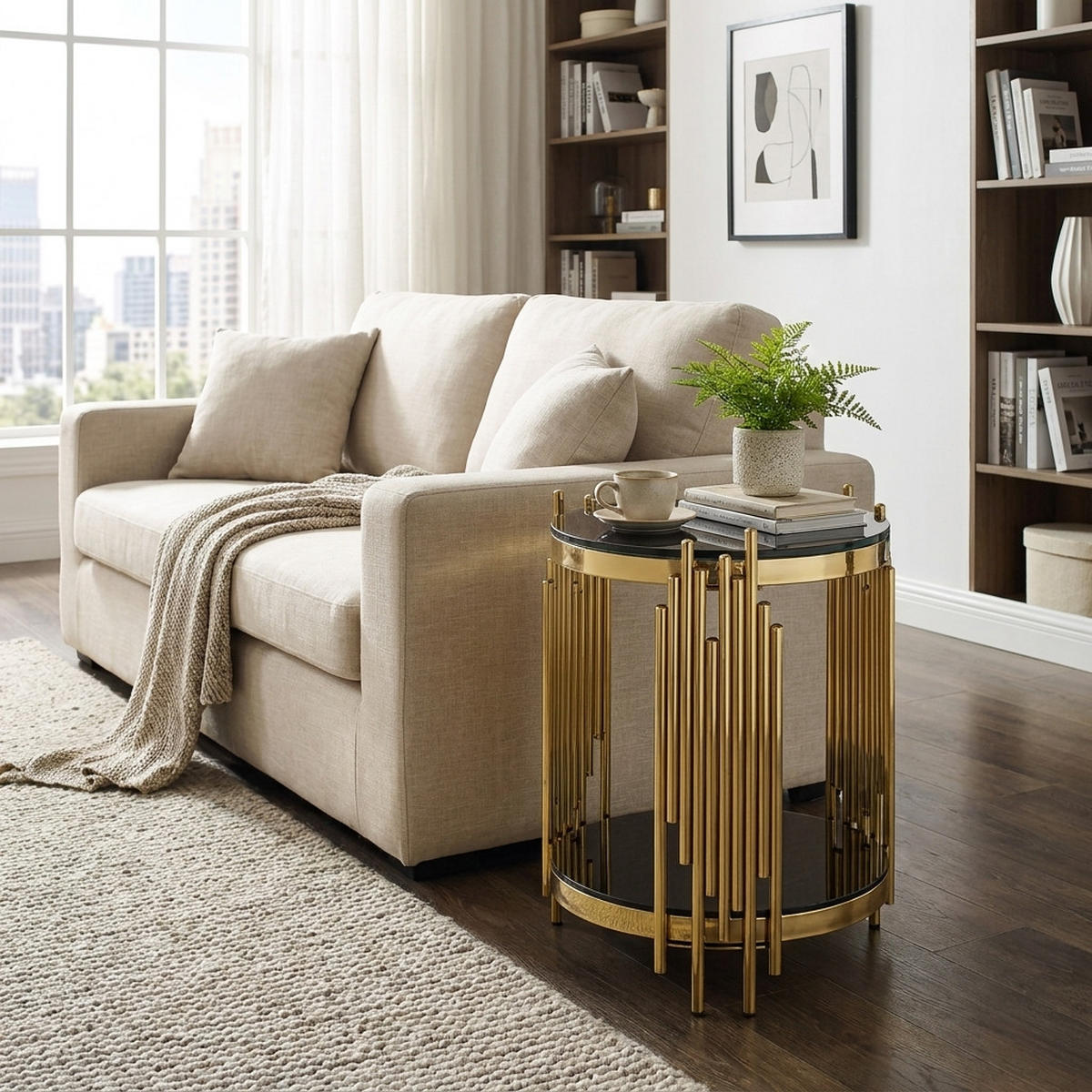 SIDOBORD glas svart & guld, 2 plan - Svart, Metall (45/45/55cm) - Urban Meuble