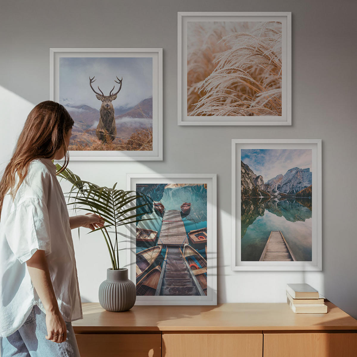 WANDBILDER 4er-Set - 50x50 cm & 40x60 cm Weißer Rahmen - Seeboote Hirsche Berge - Weiß, Kunststoff (50/50cm) - ArtPrintCave