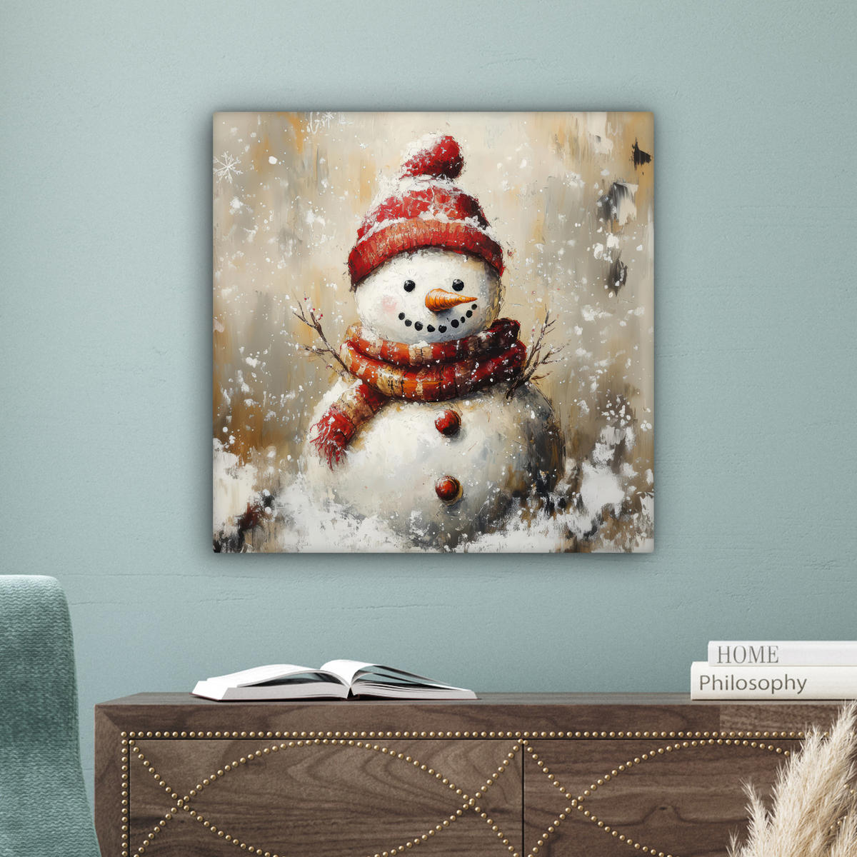 LEINWANDBILD Schneemann - Winter - Schnee - Beige 50x50 cm - Weiß, Textil (50/50cm) - MuchoWow