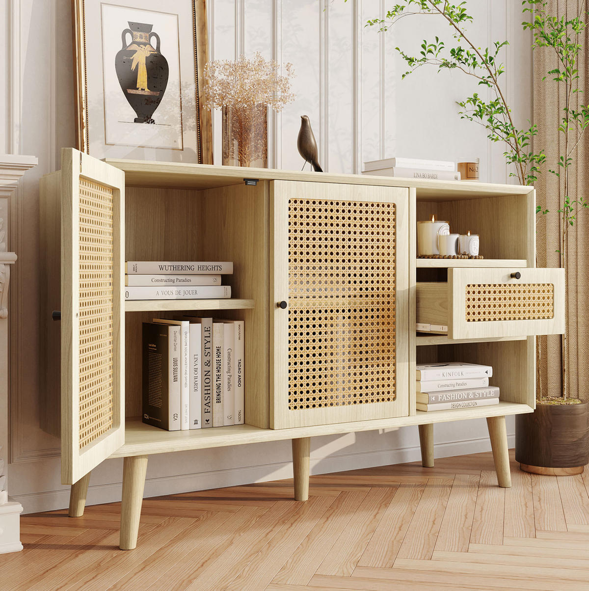 SIDEBOARD 120/40/80 cm Eiche aus MDF und Metall mit Rattangeflecht - Eichefarben, Holzwerkstoff (40/80/120cm) - OKMYHOME