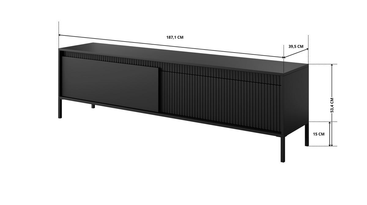 TV-LOWBOARD Ferrato E 187 cm Schwarz - mit 2 Türen i Riffel-Optik - Schwarz, Holz/Holzwerkstoff (187/53/39cm) - Ravio