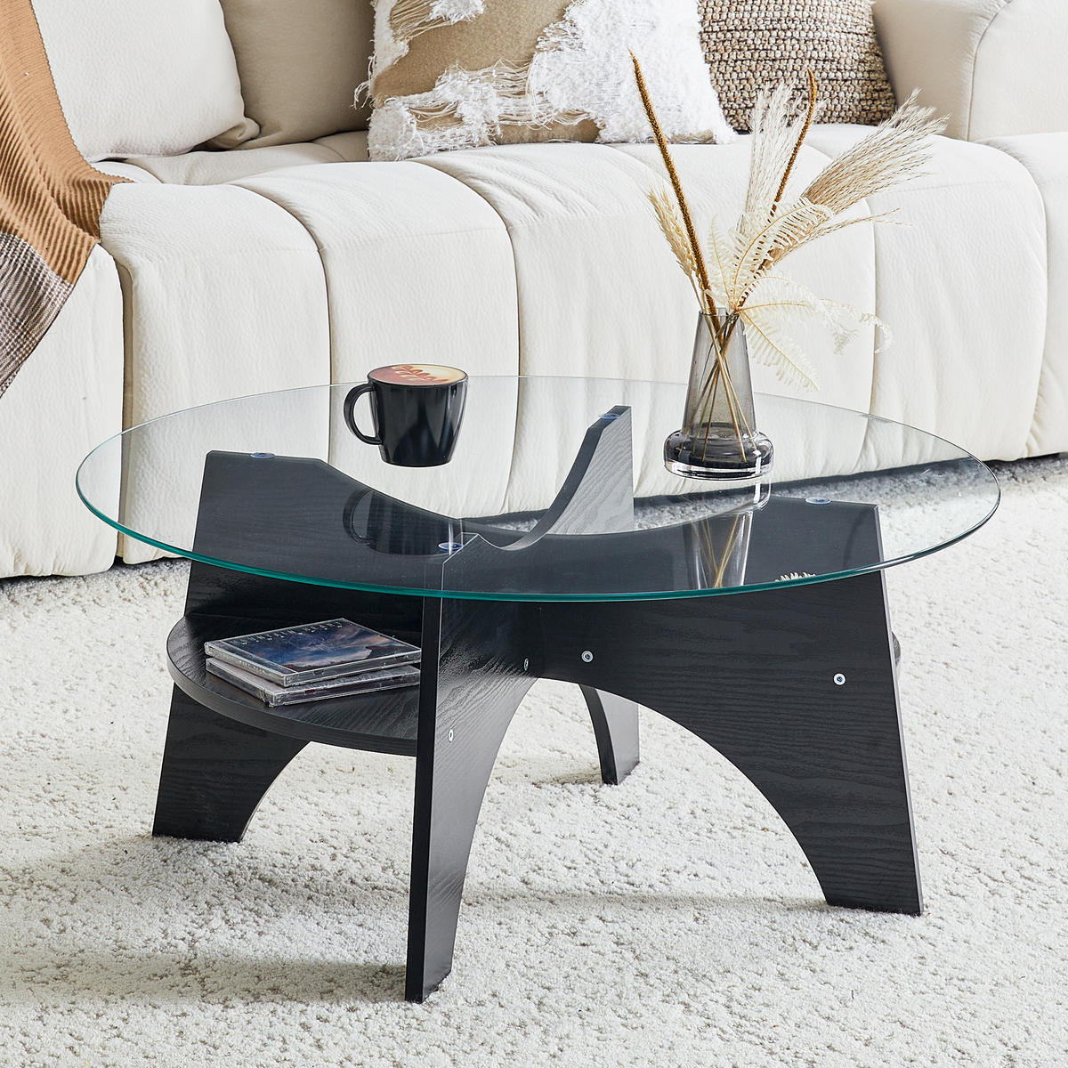 COUCHTISCH 80/80/36 cm Transparent Schwarz aus Sicherheitsglas mit fächerförmigem MDF-Gestell - Schwarz, Holzwerkstoff (80/80/36cm) - OKWISH